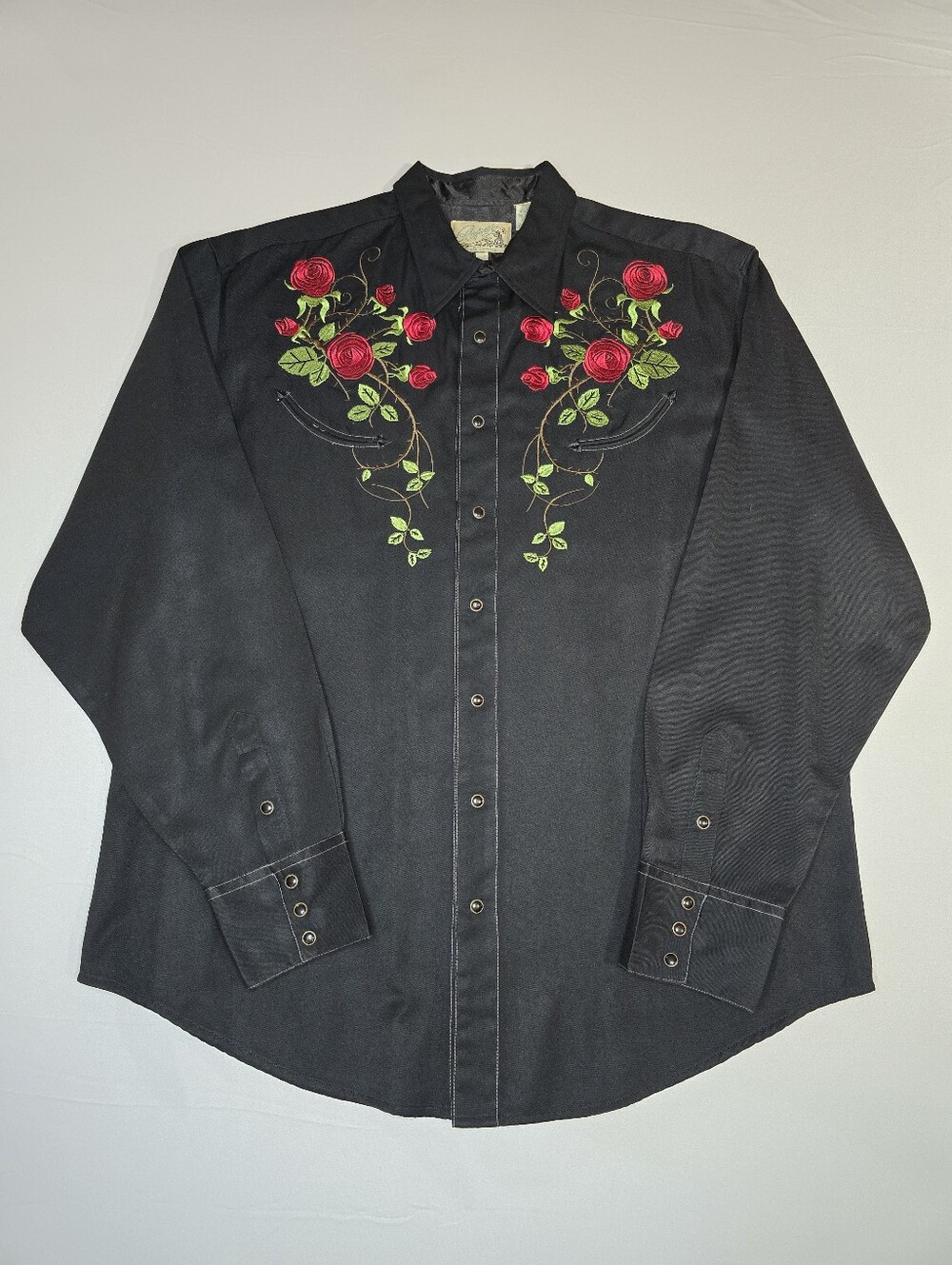 Roper Mens 2XL Black Western Pearl Snap Shirt Red Rose Floral Embroidery
